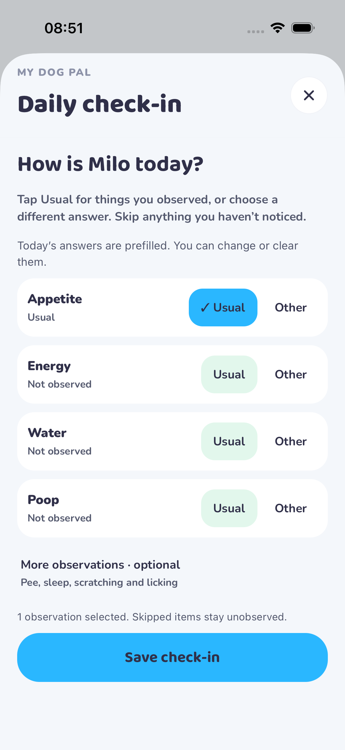 My Dog Pal Daily check-in screen using synthetic Milo demo data